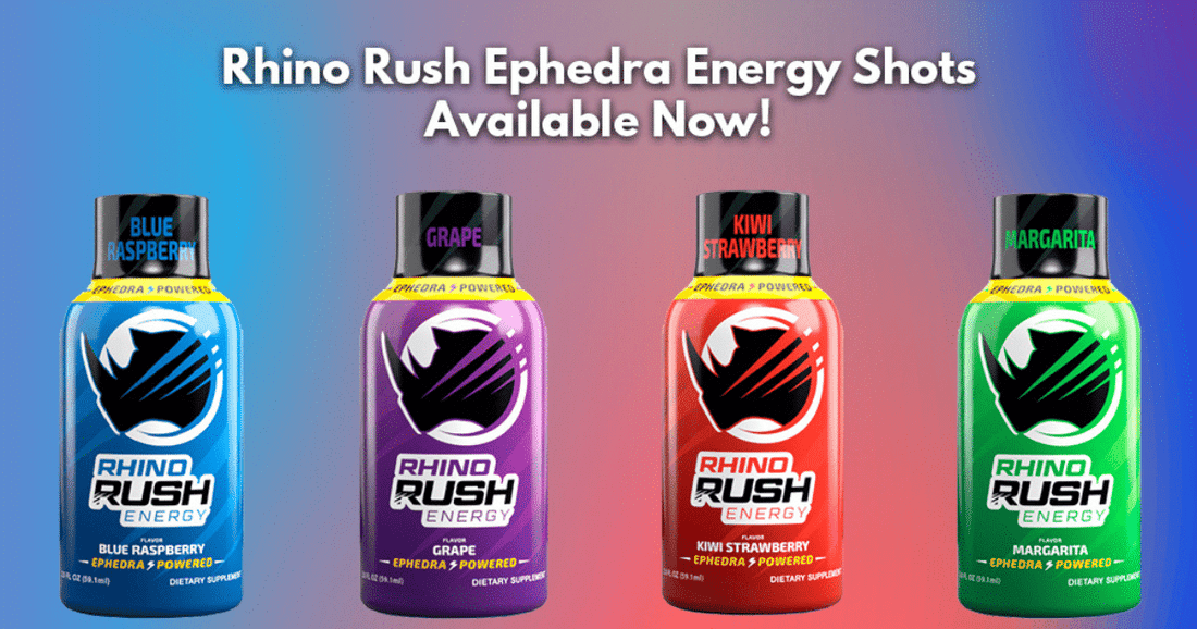 Original Rhino Rush Energy Shots in all 4 flavors of Blue Raspberry, Margarita, Kiwi Strawberry, and Grape!