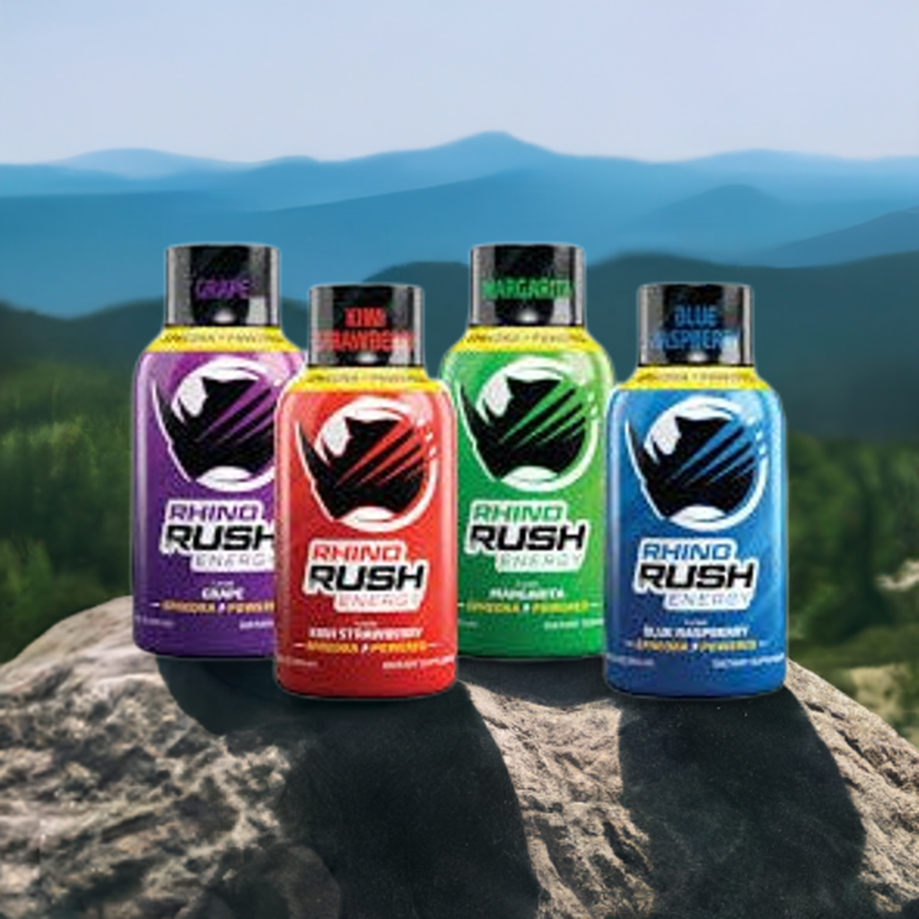 Rhino Rush Energy Original 4 Flavor Pack with Margarita, Blue Raspberry, Grape, and Kiwi Strawberry